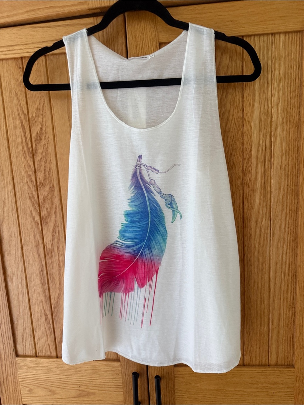 White Tank Top with Multicolor Feather Graphic